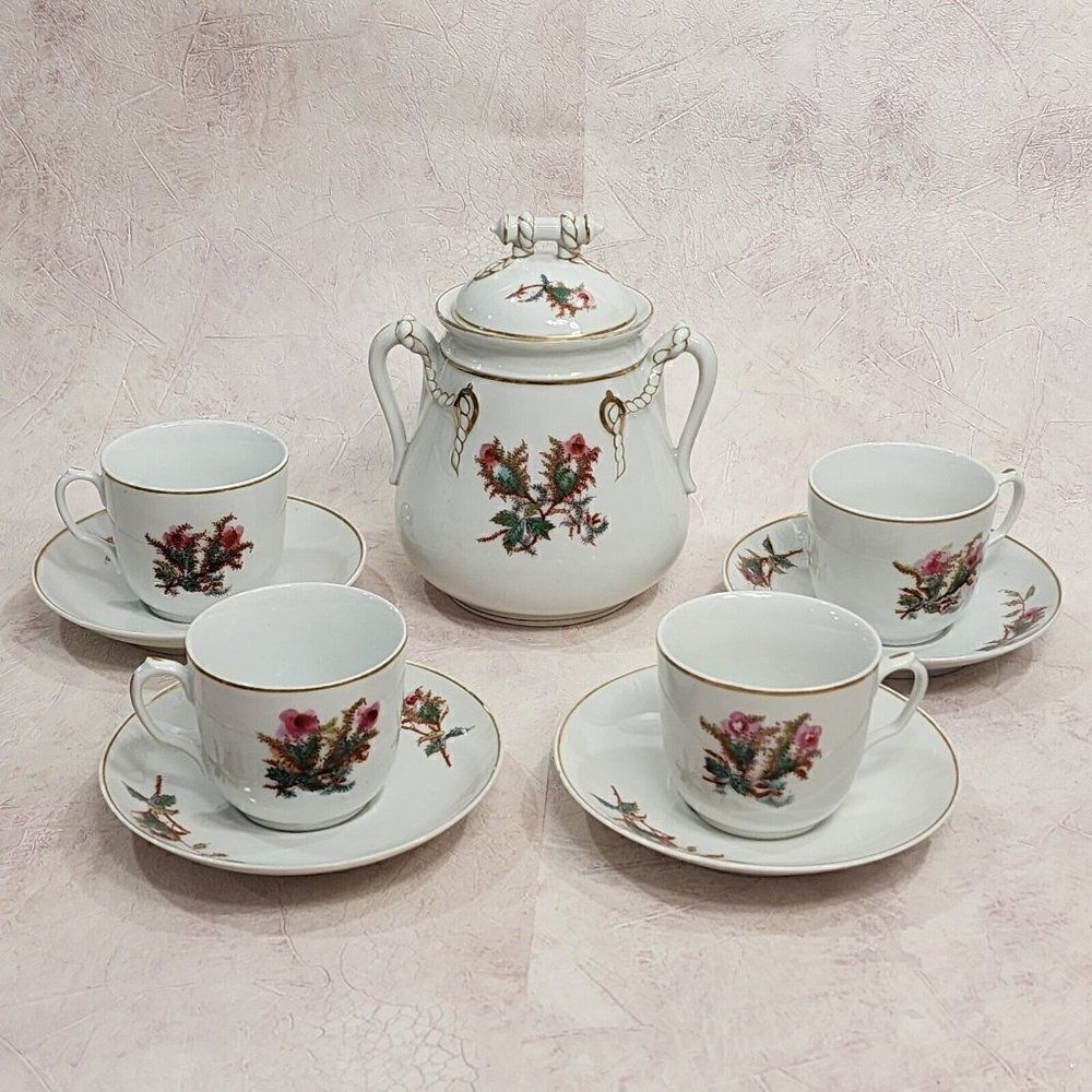1800s HAVILAND & Co LIMOGES Moss Rose Lg. Sugar & lid‎ 4 tea Cups Rope & Anchor